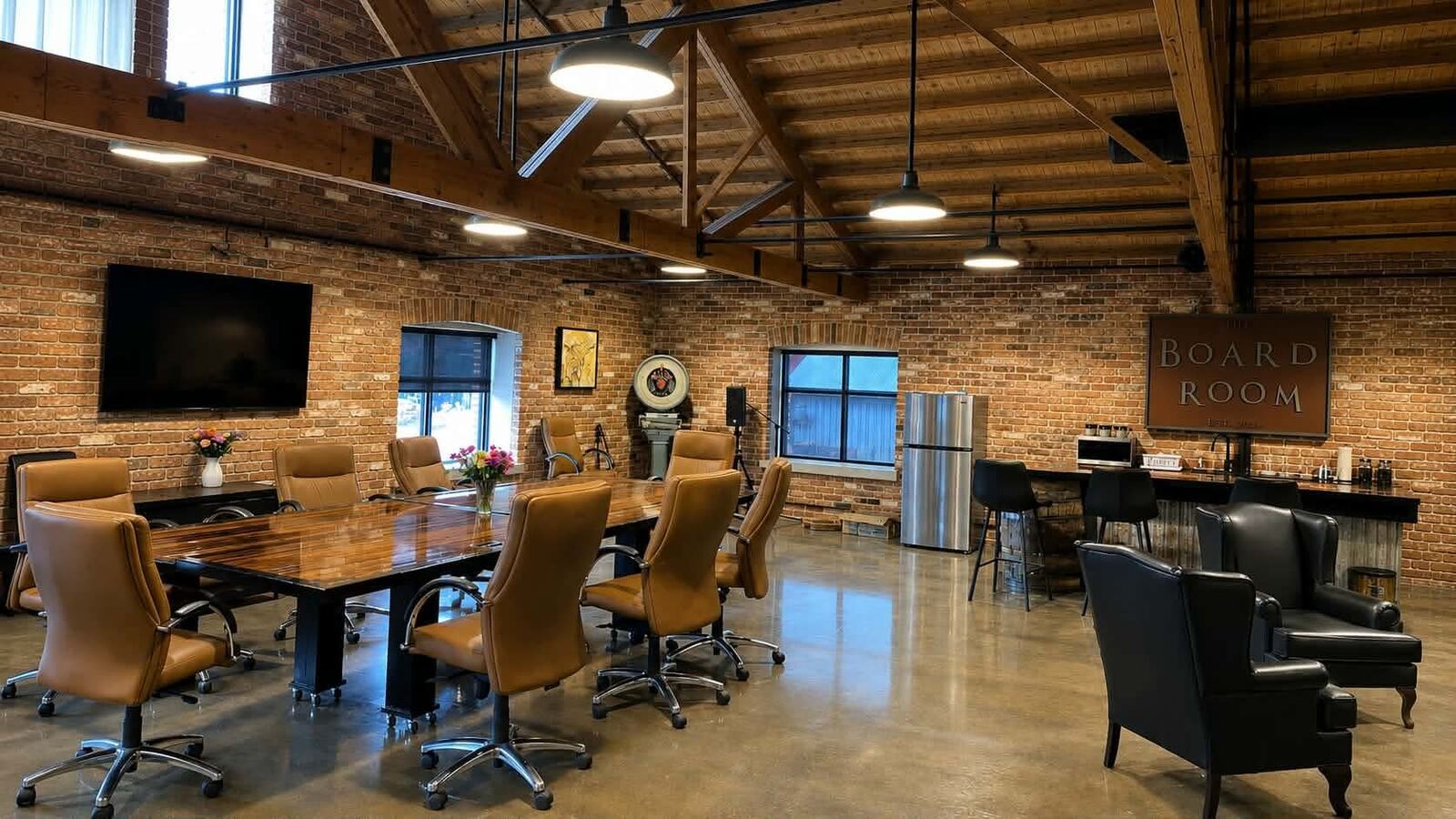 L&A Mutual Insurance, Napanee, finished boardroom with exposed brick and timber trusses